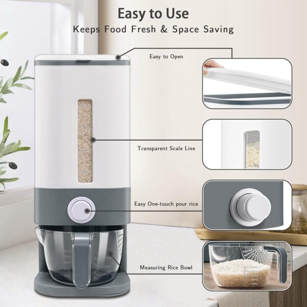 Rice Dispenser, 22-25 Lbs Rice Container With Measuring Cup,Cereal Dispenser Storage With Lids For Home Kitchen Pantry Rice Soybean Corn-Grey - Image 5
